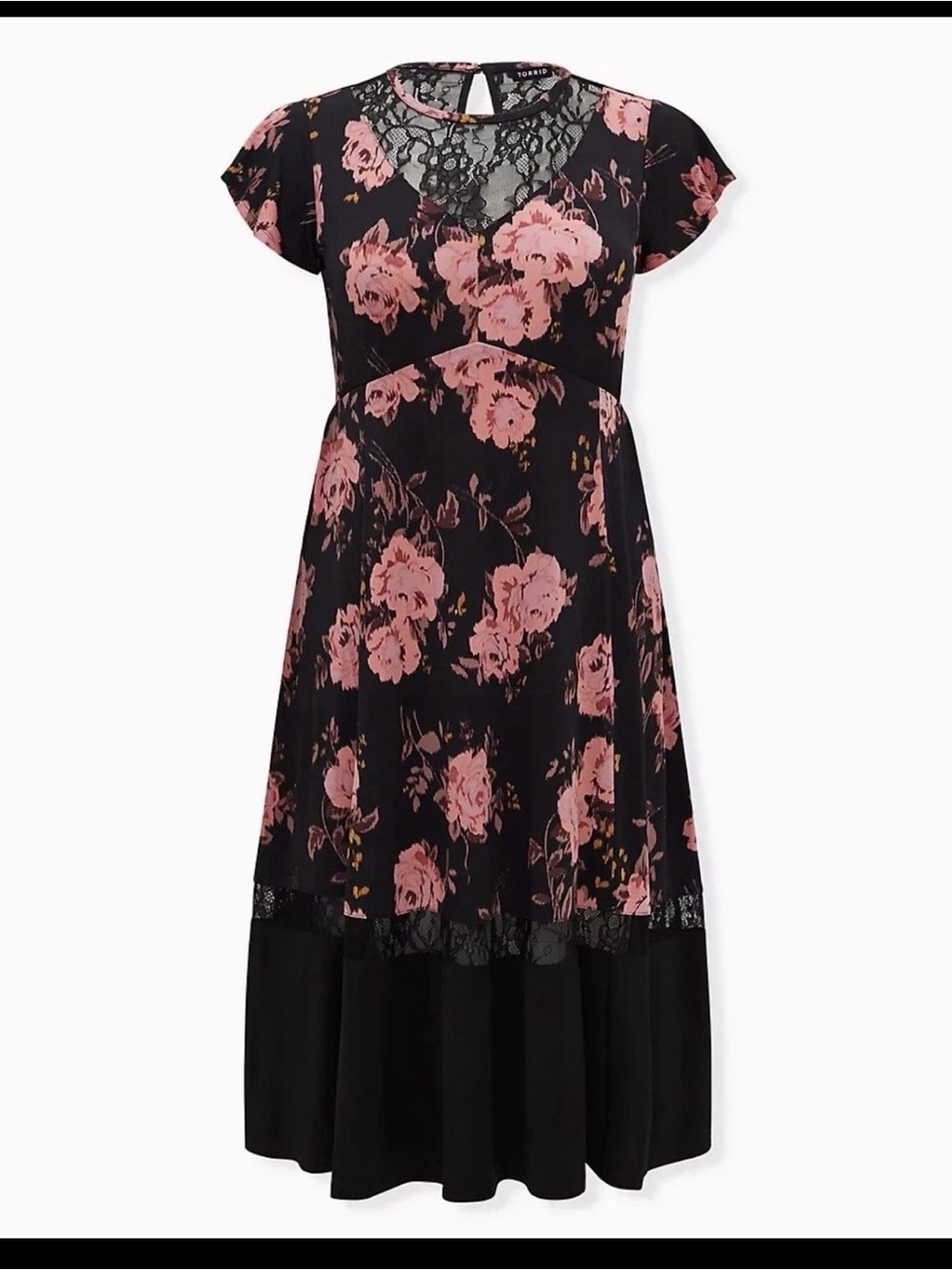 Torrid Floral Studio Knit Midi Dress Flutter Sleeves Lace Trim Black 1X-NWT